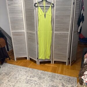 Neon Yellow Slip Midi Dress - Lightweight V-Neck